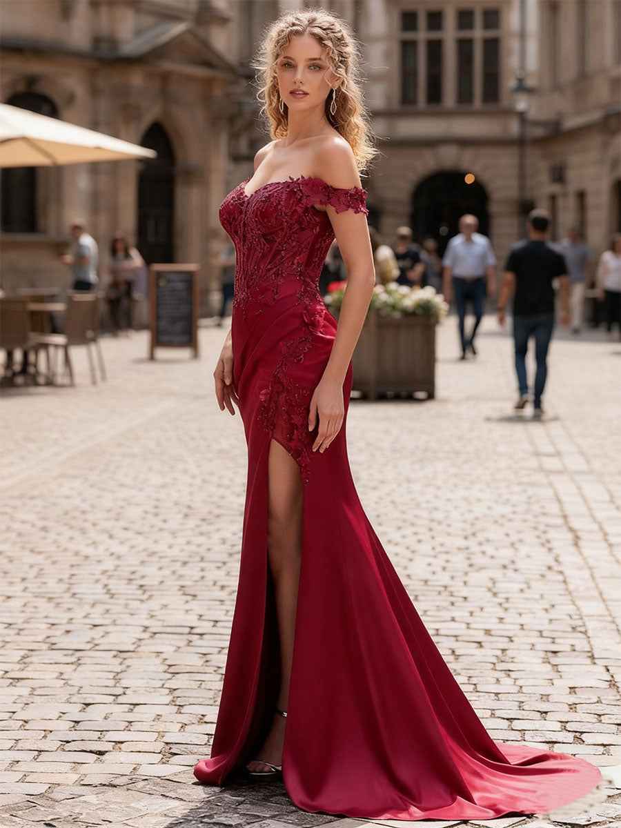 Sheath Off-The-Shoulder Appliques Lace Corset Prom Dress with Slit