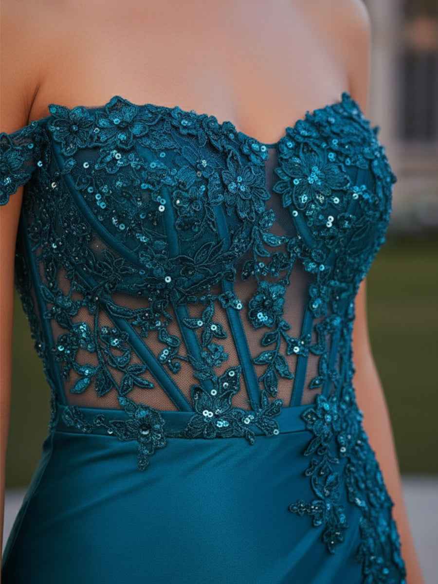 Sheath Off-the-Shoulder Appliques Lace Corset Prom Dress