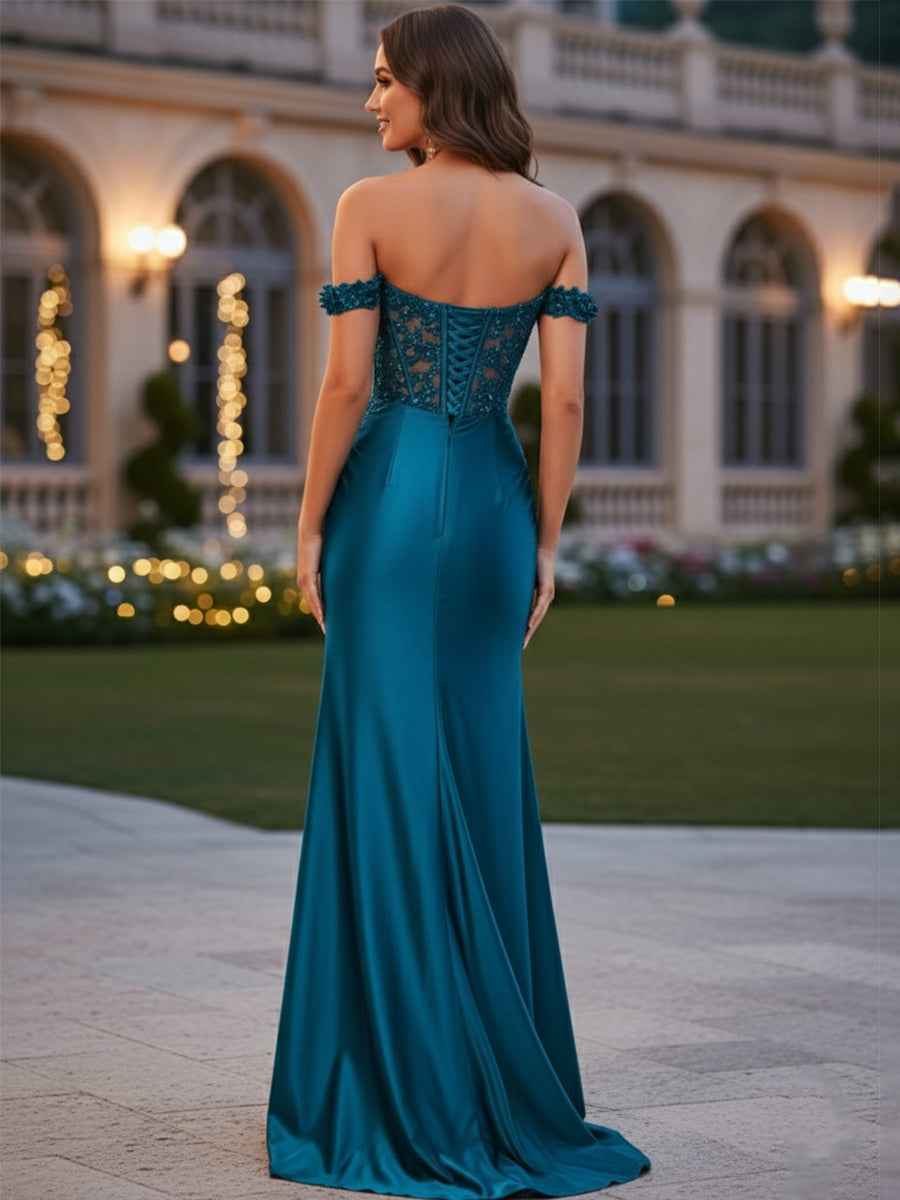 Sheath Off-the-Shoulder Appliques Lace Corset Prom Dress