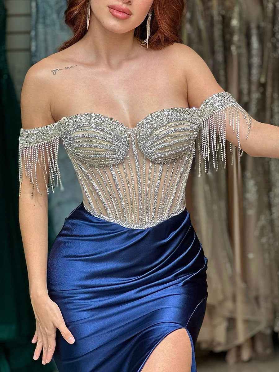 Sheath Off-the-Shoulder Rhinestone Satin Corset Long Prom Dress