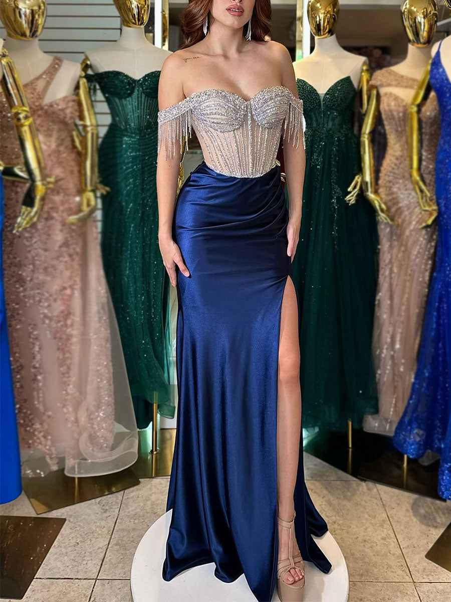 Sheath Off-the-Shoulder Rhinestone Satin Corset Long Prom Dress