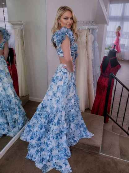 Sheath V Neck Blue Floral Tiered Prom Dress with Slit