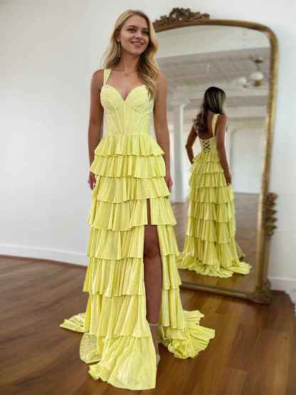 Show-Stopper Yellow Tiered Prom Dress with Beaded Bodice