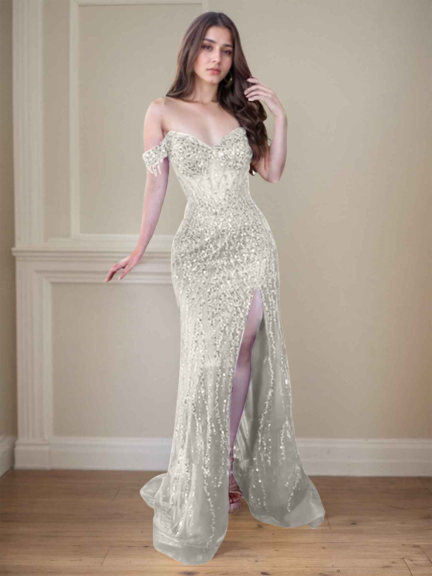 Red Off-the-Shoulder Beaded Tulle Long Prom Dress with Swirling Sequins