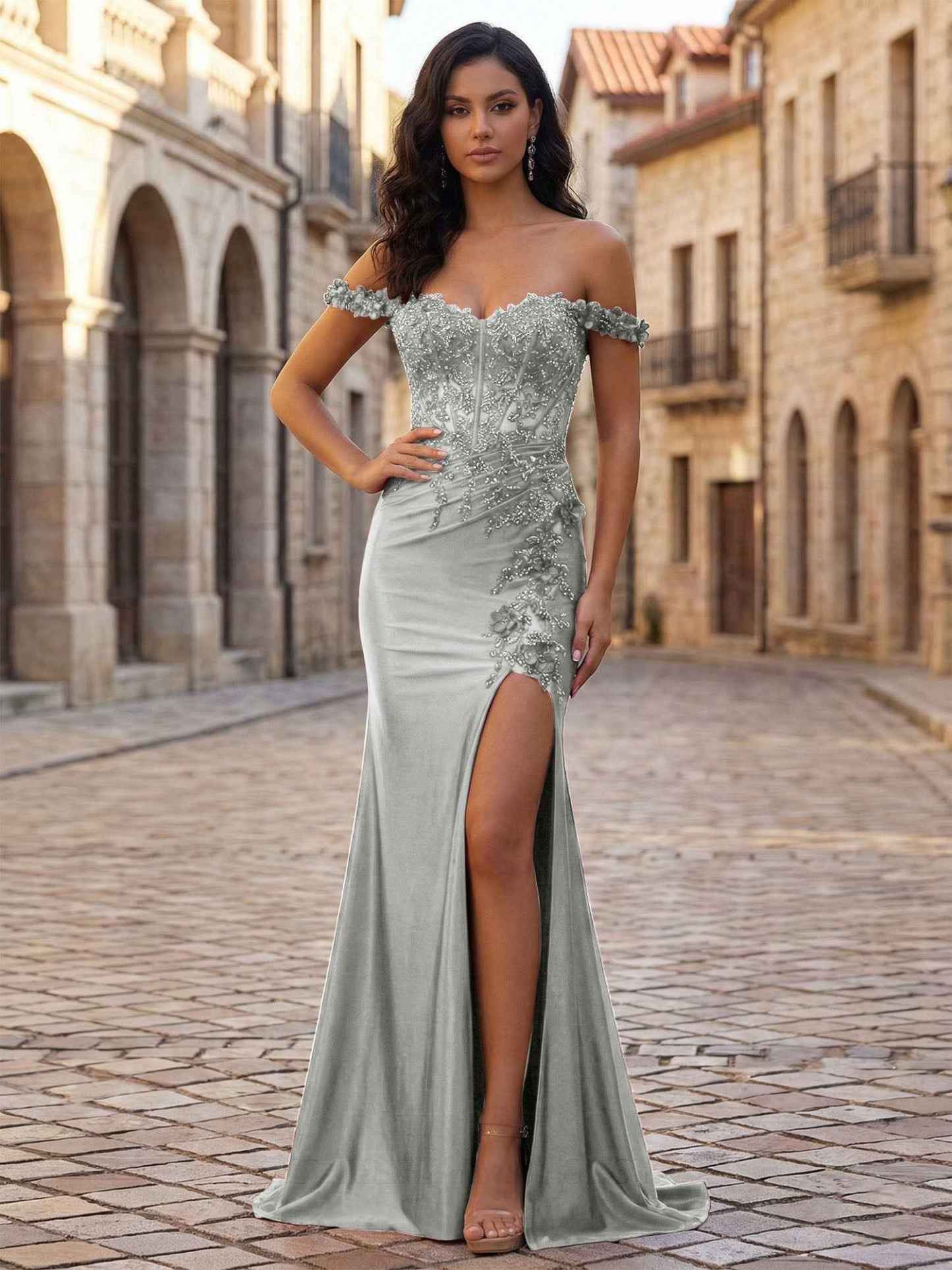 Mermaid Off-The-Shoulder Floral Corset Long Prom Dress with Slit