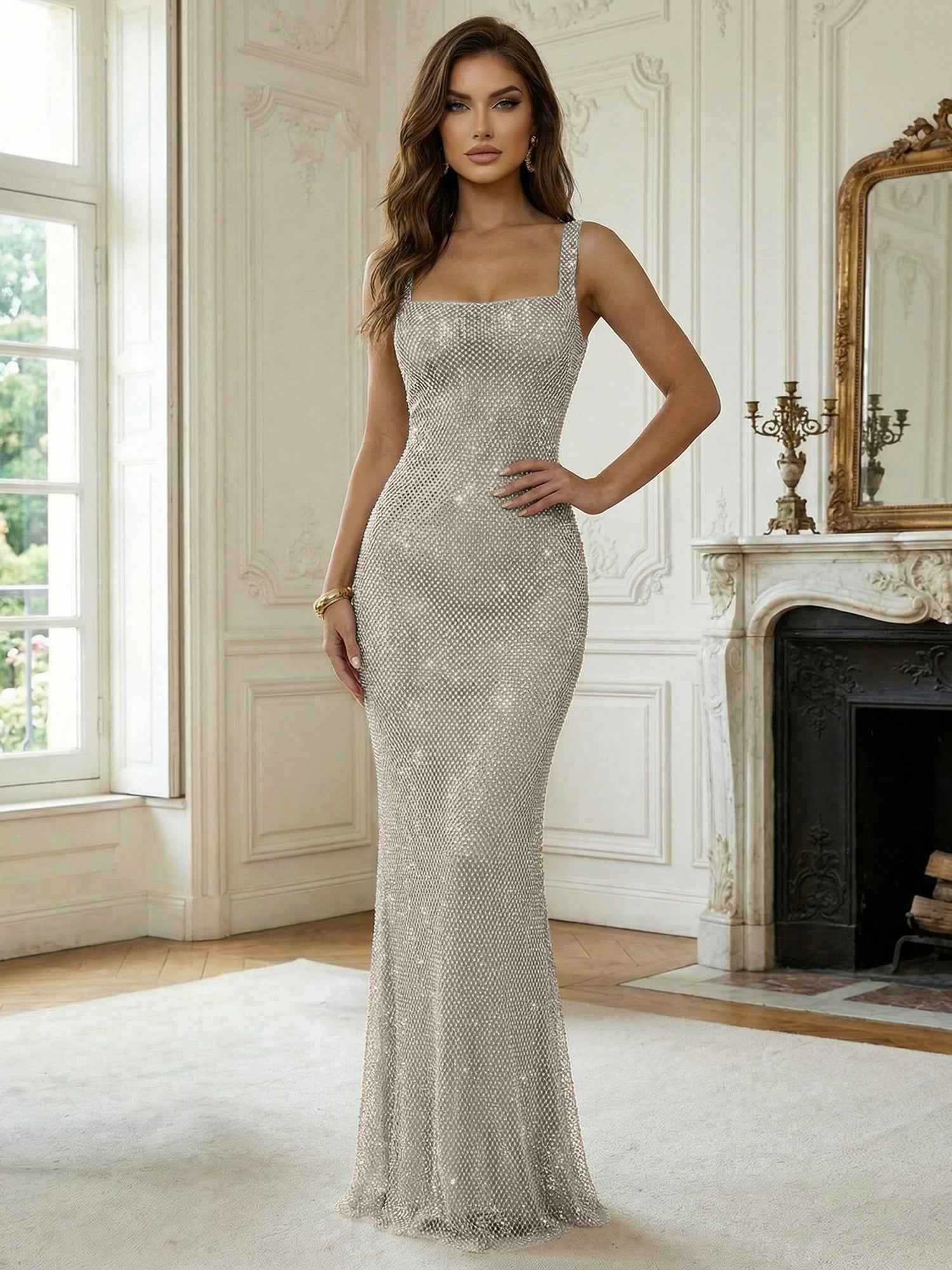 Crystal-Embellished Mermaid Long Prom Dress with Square Neckline