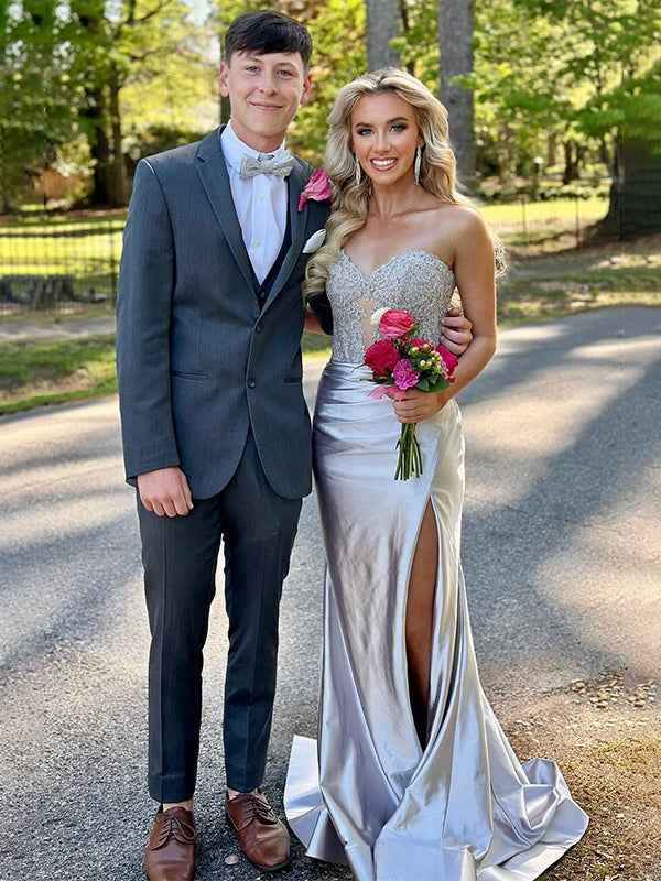 Burgundy Mermaid Sweetheart Applique Ruched Prom Dress with Slit