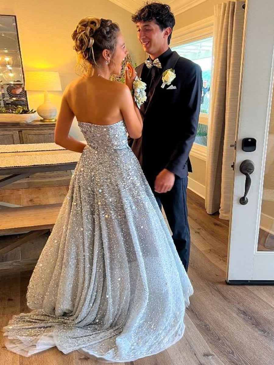 Silver Strapless A-Line All-Over Confetti Sequin Sparkle Prom Dress