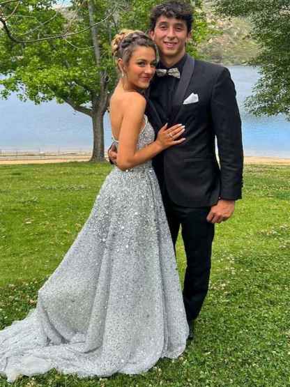 Silver Strapless A-Line All-Over Confetti Sequin Sparkle Prom Dress