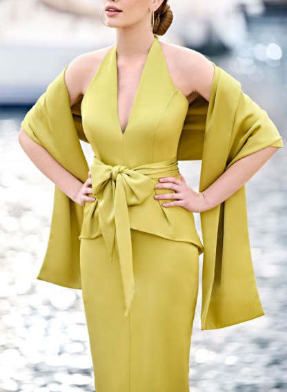 Tea-Length Sleeveless Halter Mother of the Bride Dress with Bowknot