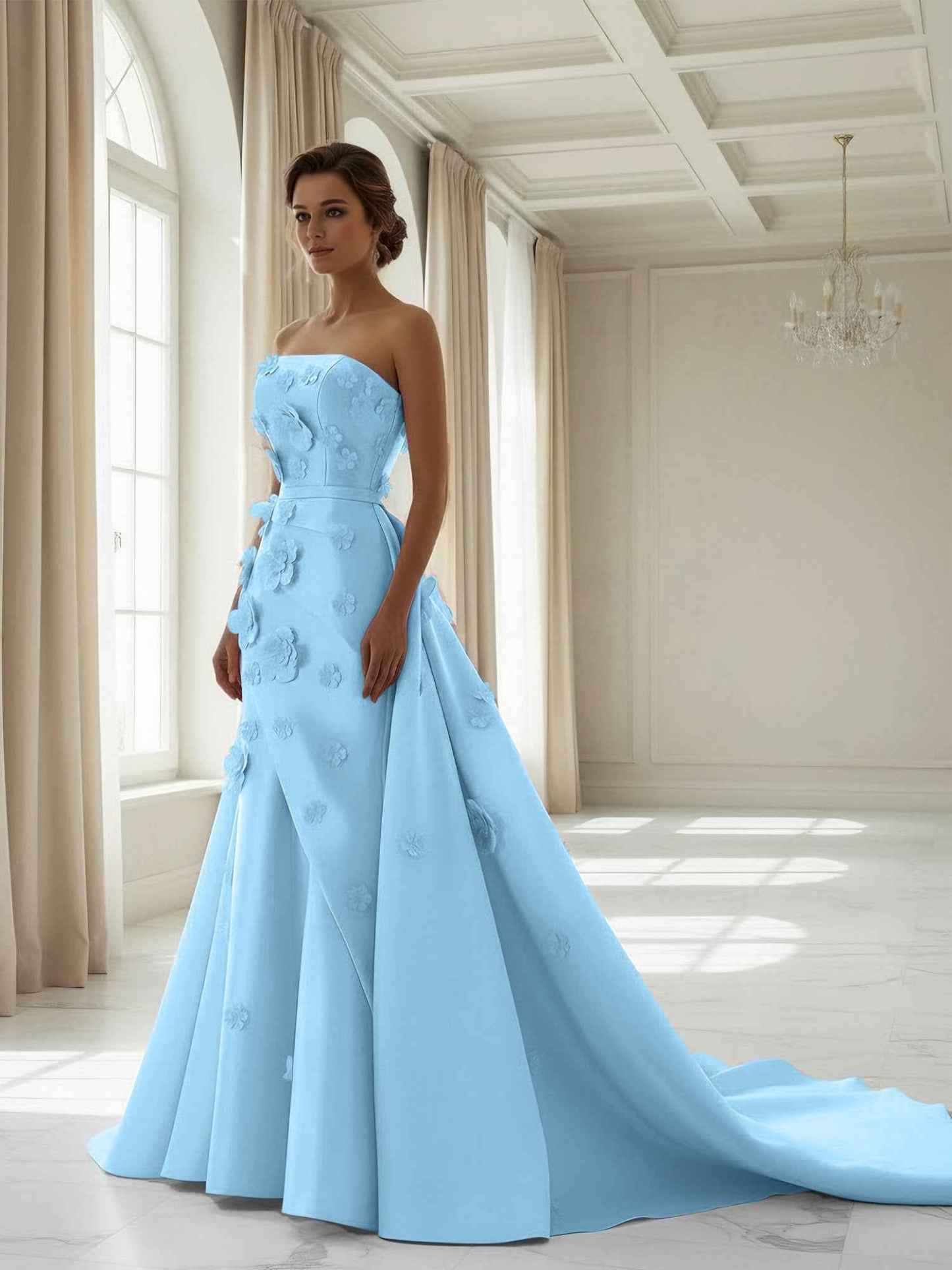 Pink A Line Satin Strapless Prom Dress with 3D Floral Appliques