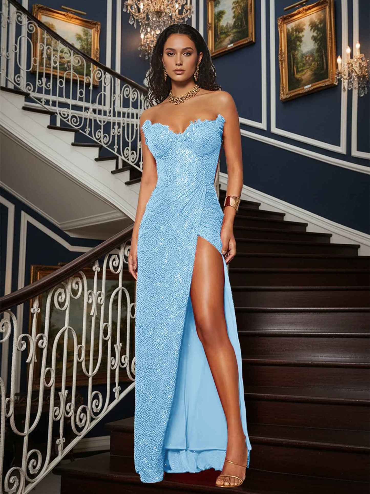 Sequin Strapless Sweetheart Long Prom Dress with High Slit