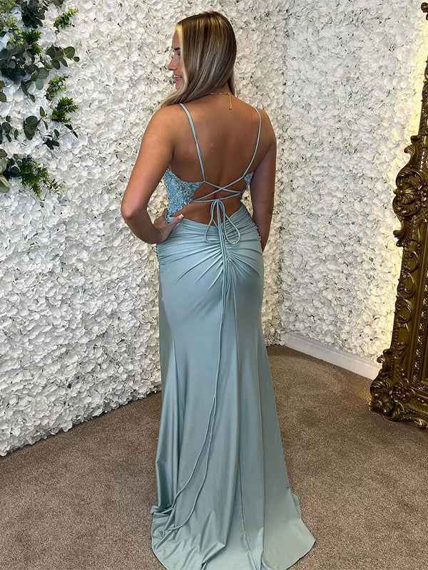 Sky Blue Mermaid Spaghetti Straps Backless Long Prom Dress with Slit