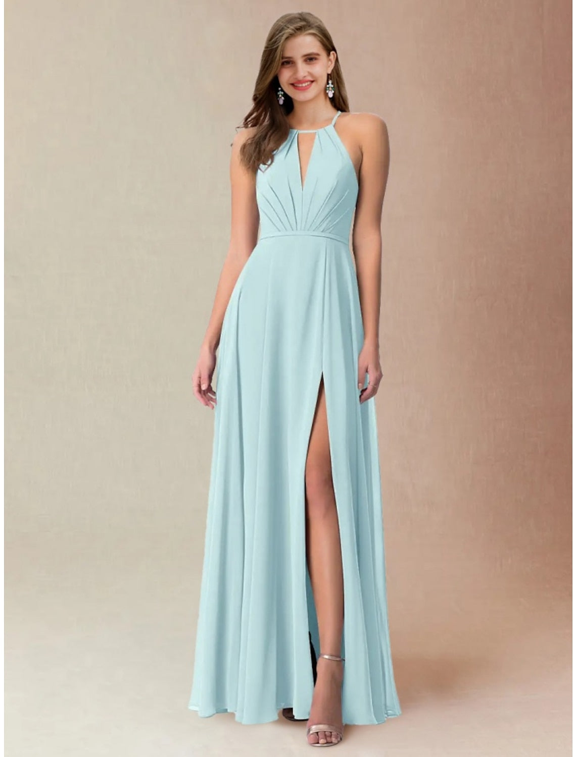 Floor-length A-Line Princess Halter Bridesmaid Gowns