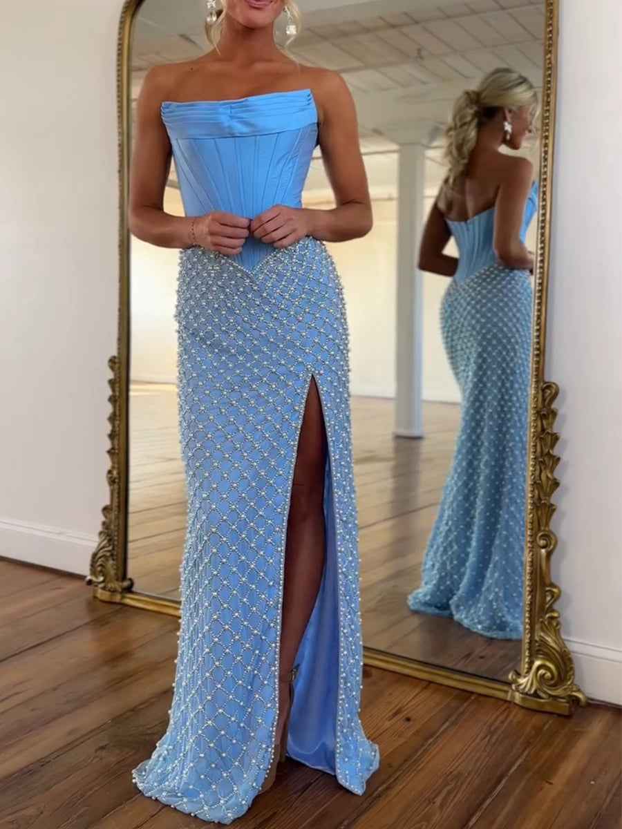 Sky Blue Strapless Pearl Lattice Corset Prom Dress with Slit