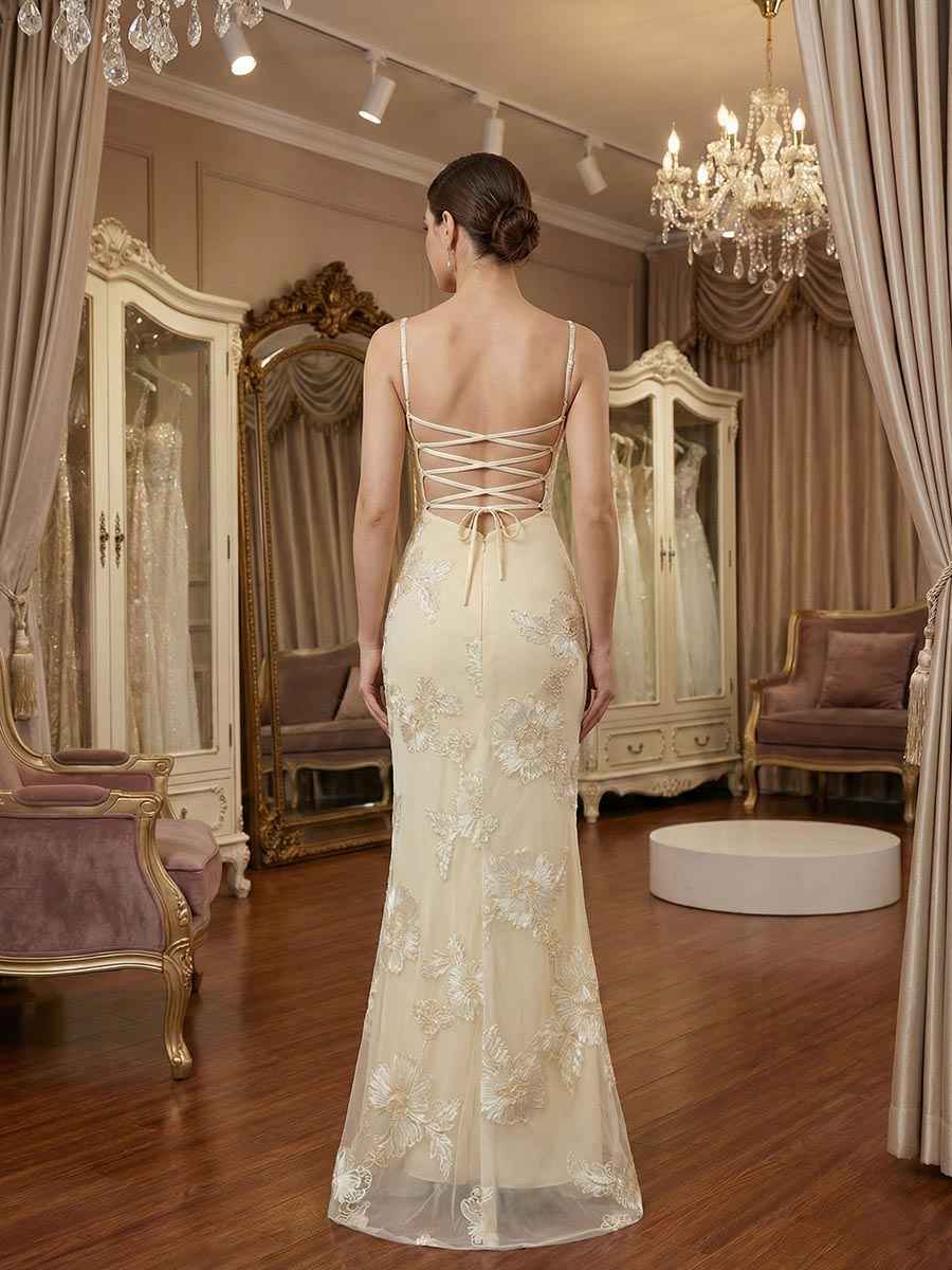 Spaghetti Straps Floral Embroidered Corset Mermaid Long Prom Dress