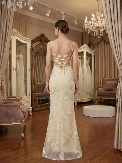 Spaghetti Straps Floral Embroidered Corset Mermaid Long Prom Dress