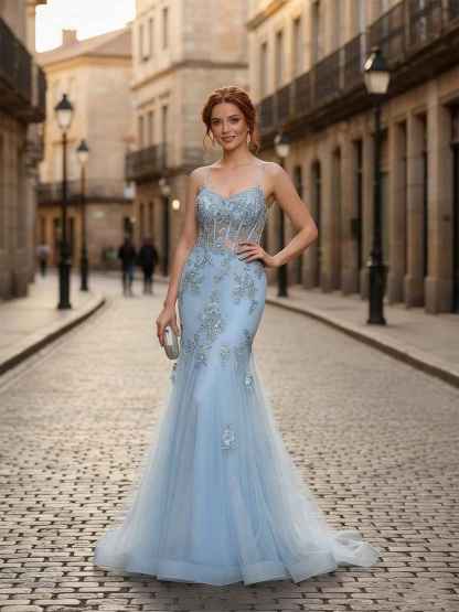 Spaghetti Straps Appliques Lace Tulle Corset Long Prom Dress