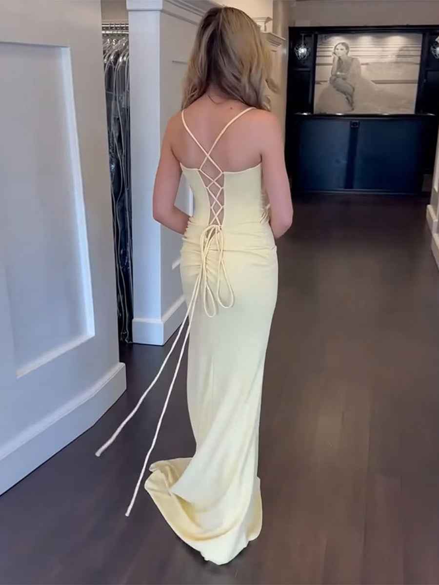 Spaghetti Straps Beaded Satin Mermaid Long Prom Dress with Slit