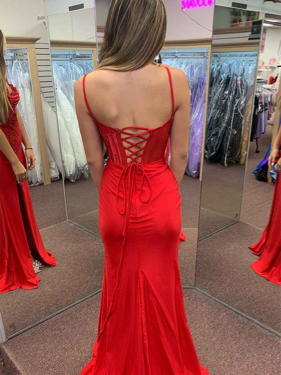 Red Mermaid Spaghetti Straps Appliqued Long Prom Dress with Slit