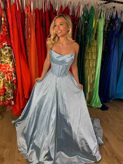 Royal Blue Sparkly Strapless A Line Corset Long Prom Dress