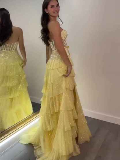 Sparkling Lilac Strapless Tiered Ruffle Corset Prom Dress with Slit