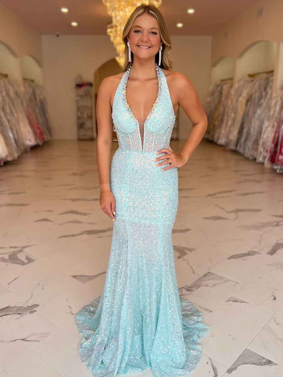 Sparkling Aqua Blue Crystal Halter Mermaid Long Prom Dress