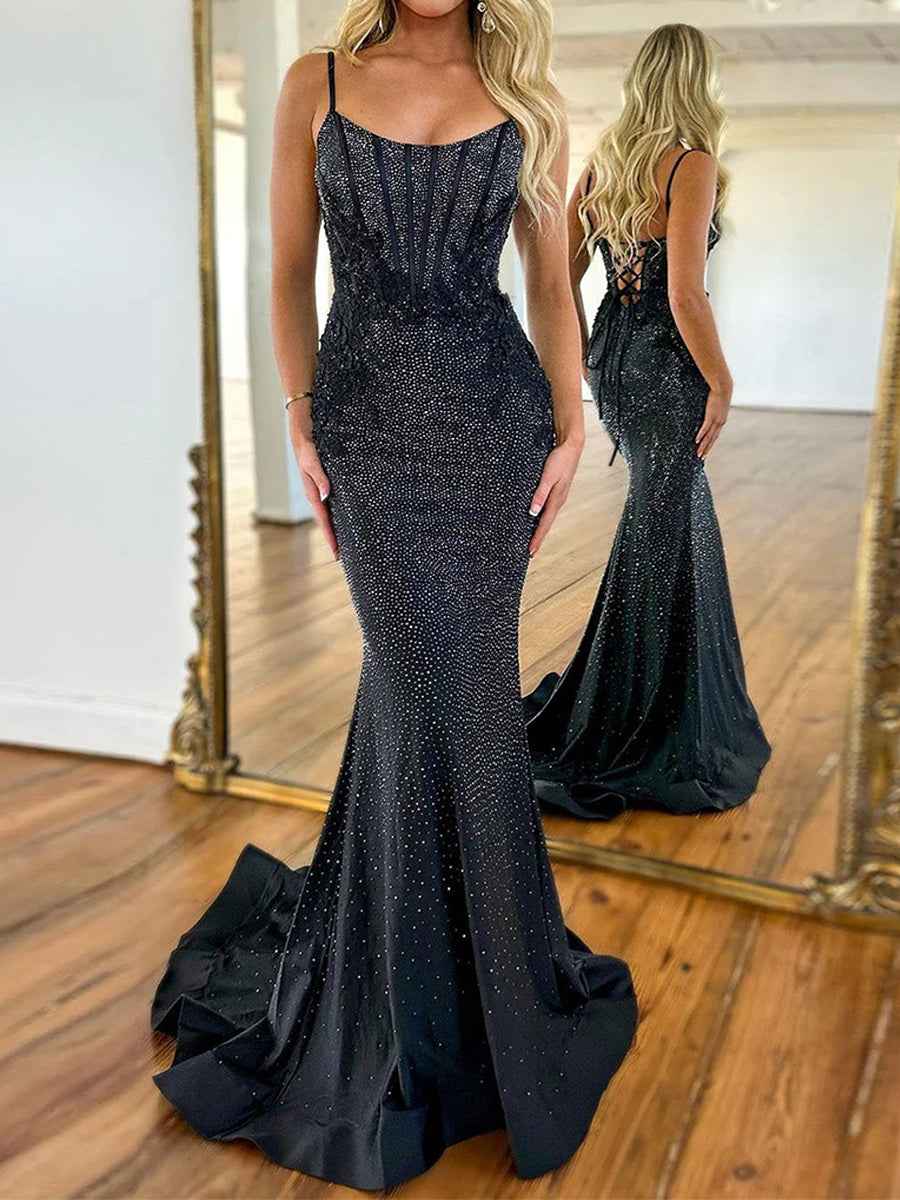 Sparkling Black Sequin Mermaid Prom Dress with Corset Bodice