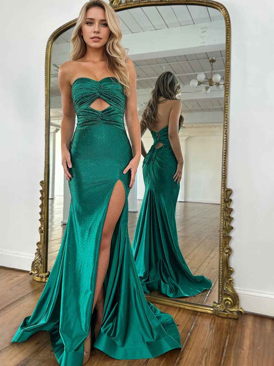 Sparkling Emerald Green Rhinestone Cutout Prom Dress with Slit