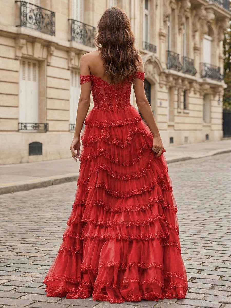 Sparkling Royal Blue Off The Shoulder Tiered Ruffle Corset Prom Dress with Slit