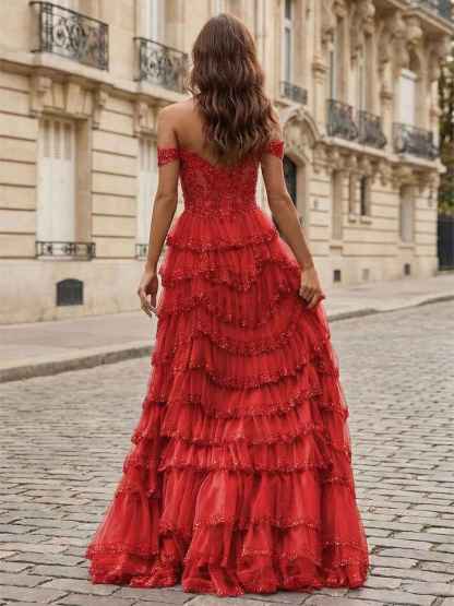 Sparkling Royal Blue Off The Shoulder Tiered Ruffle Corset Prom Dress with Slit