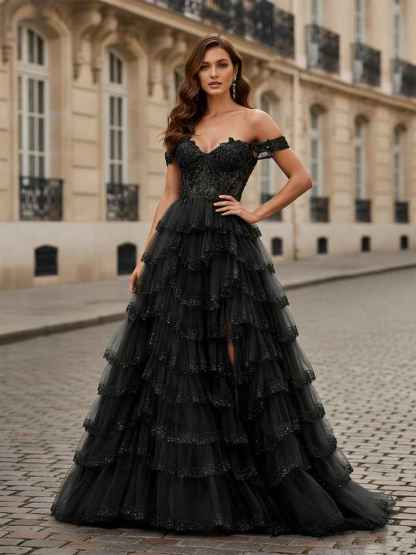 Sparkling Royal Blue Off The Shoulder Tiered Ruffle Corset Prom Dress with Slit