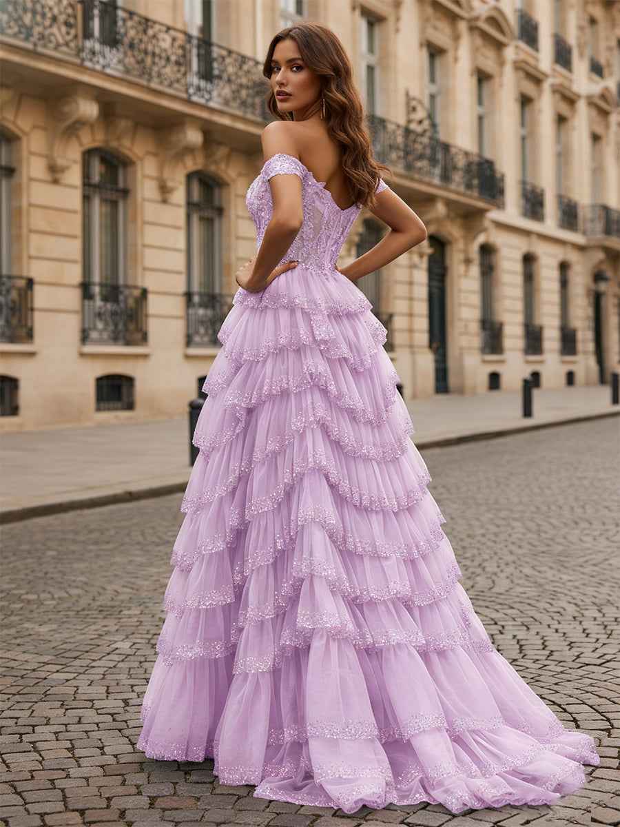 Sparkling Royal Blue Off The Shoulder Tiered Ruffle Corset Prom Dress with Slit