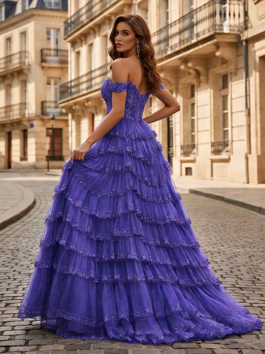 Sparkling Royal Blue Off The Shoulder Tiered Ruffle Corset Prom Dress with Slit