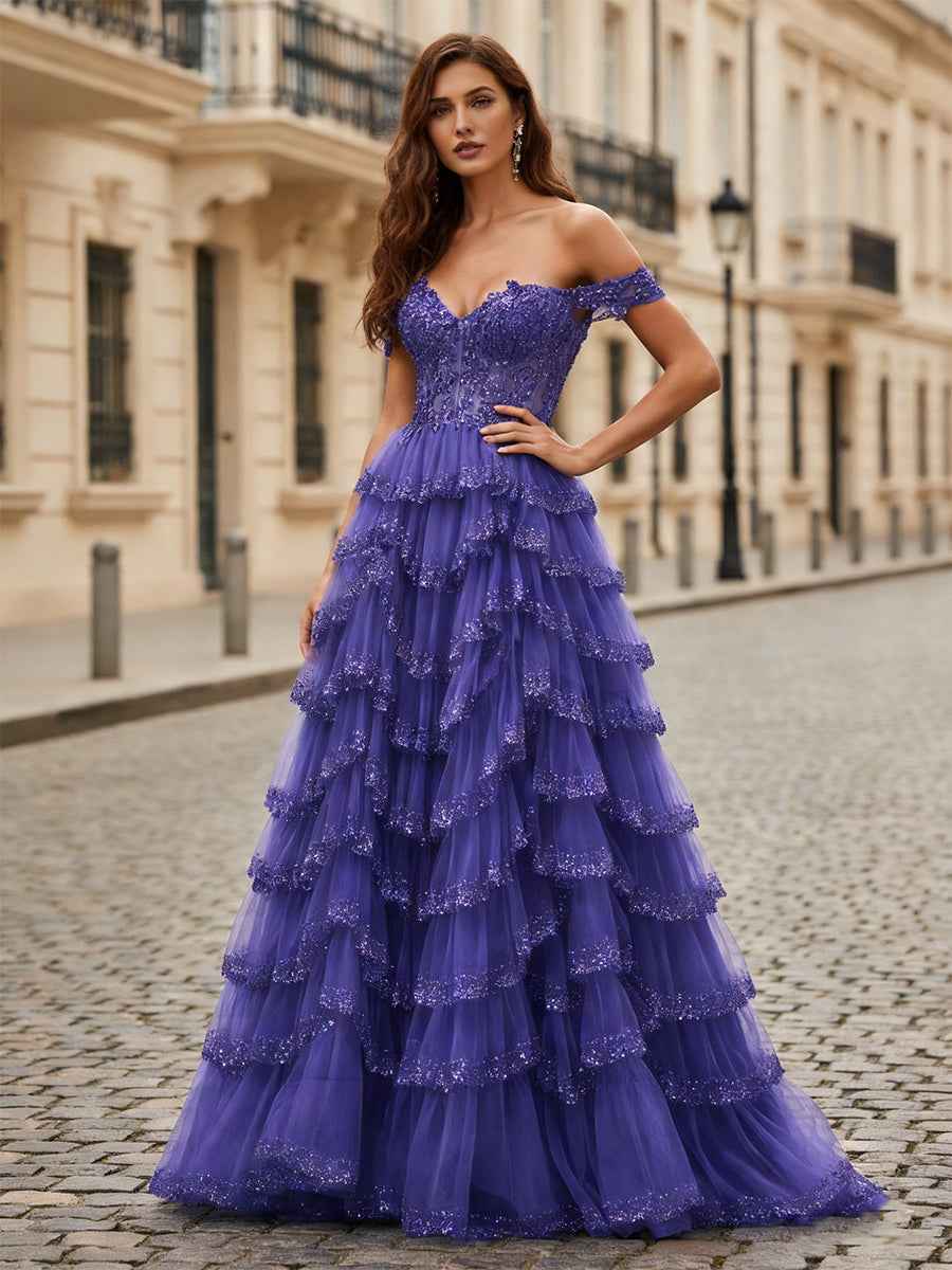 Sparkling Royal Blue Off The Shoulder Tiered Ruffle Corset Prom Dress with Slit