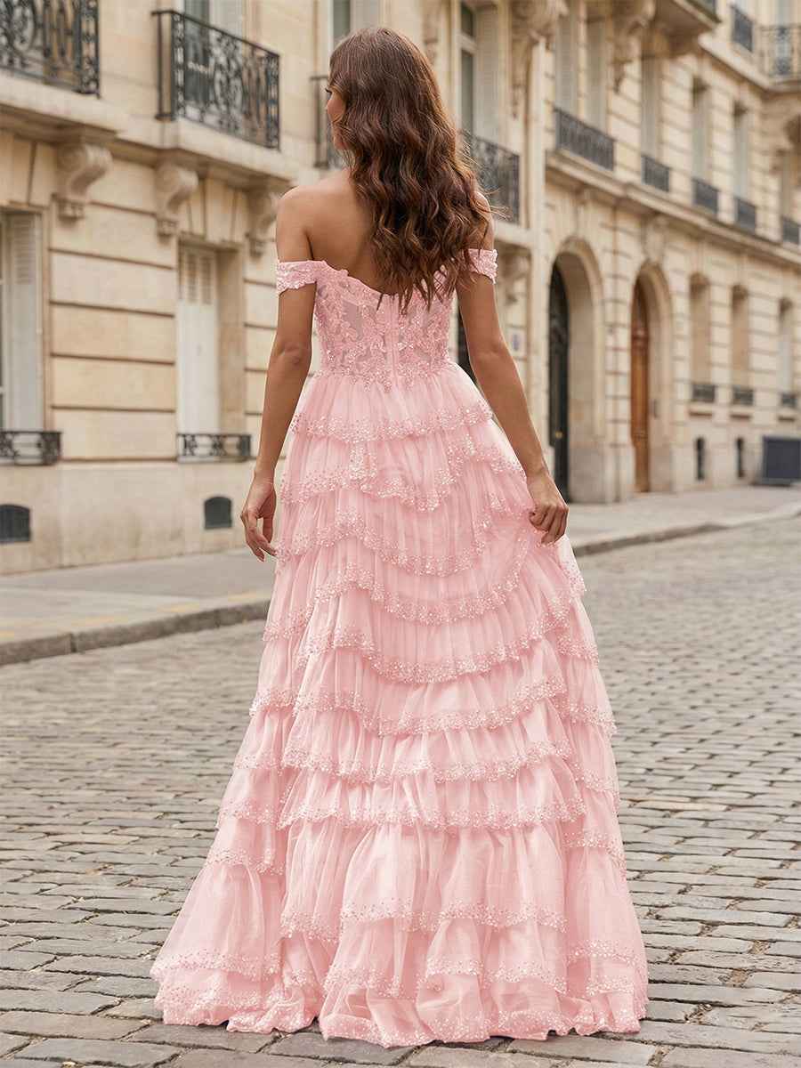 Sparkling Royal Blue Off The Shoulder Tiered Ruffle Corset Prom Dress with Slit