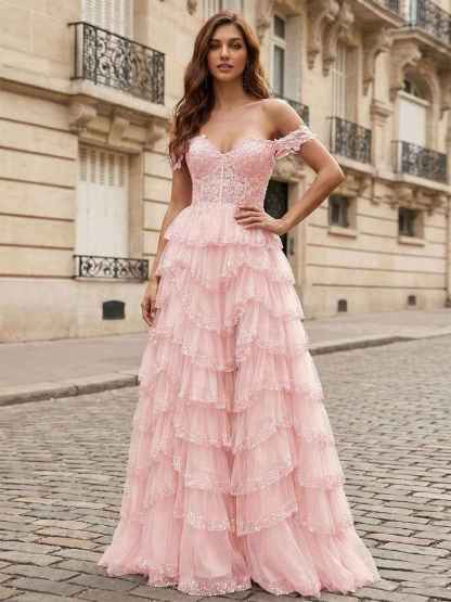 Sparkling Royal Blue Off The Shoulder Tiered Ruffle Corset Prom Dress with Slit