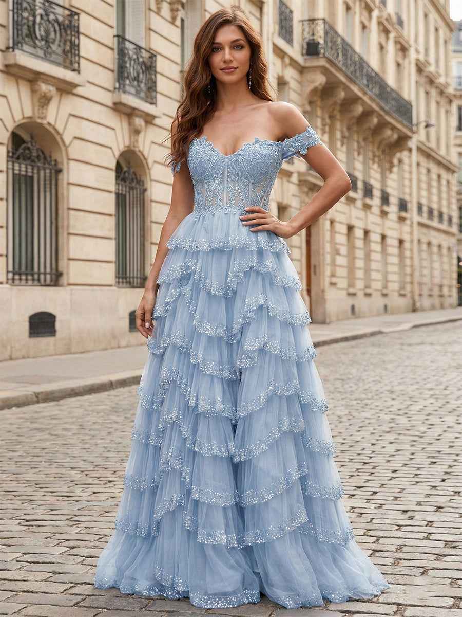 Sparkling Royal Blue Off The Shoulder Tiered Ruffle Corset Prom Dress with Slit