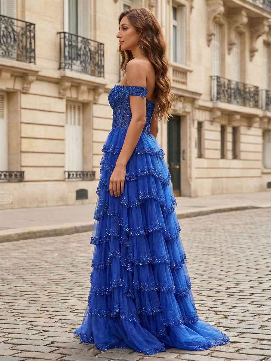 Sparkling Royal Blue Off The Shoulder Tiered Ruffle Corset Prom Dress with Slit
