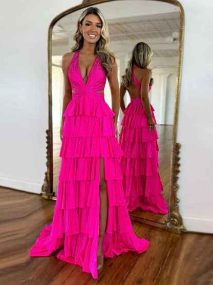 Sparkly A Line Tiered Beaded Corset Long Prom Dress with Slit