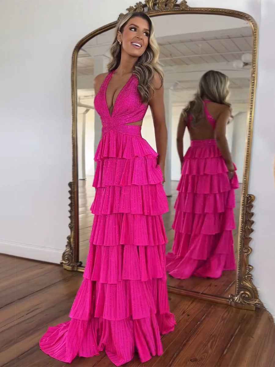 Sparkly A Line Tiered Beaded Corset Long Prom Dress with Slit