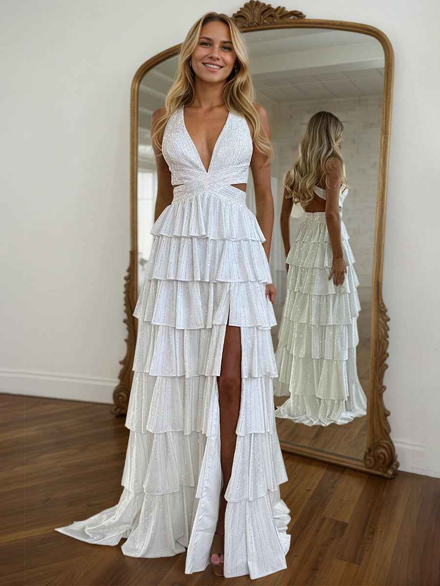 Sparkly A Line Tiered Beaded Corset Long Prom Dress with Slit