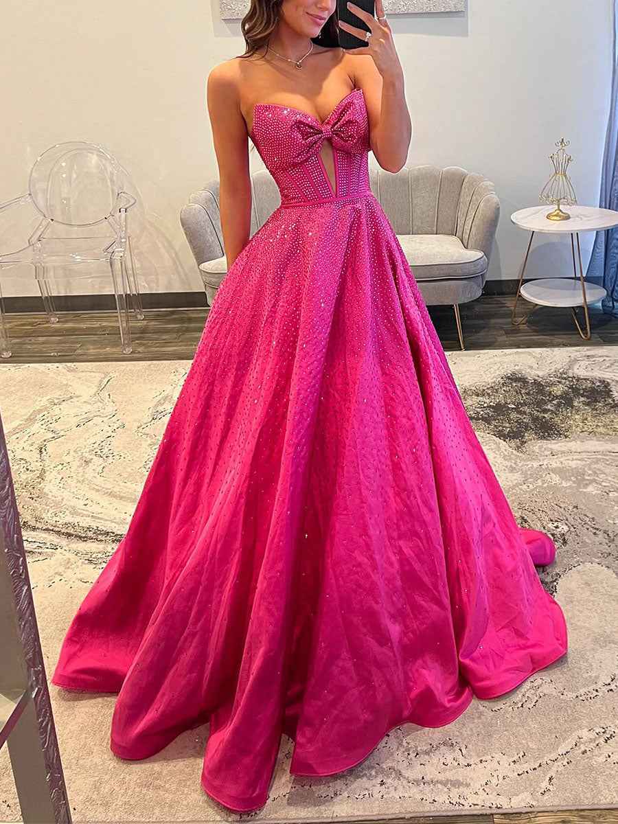 Sparkly Beaded Strapless Long Corset Prom Dress with Bow