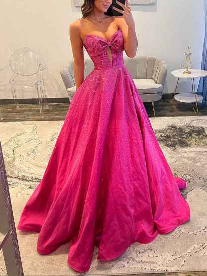 Sparkly Beaded Strapless Long Corset Prom Dress with Bow