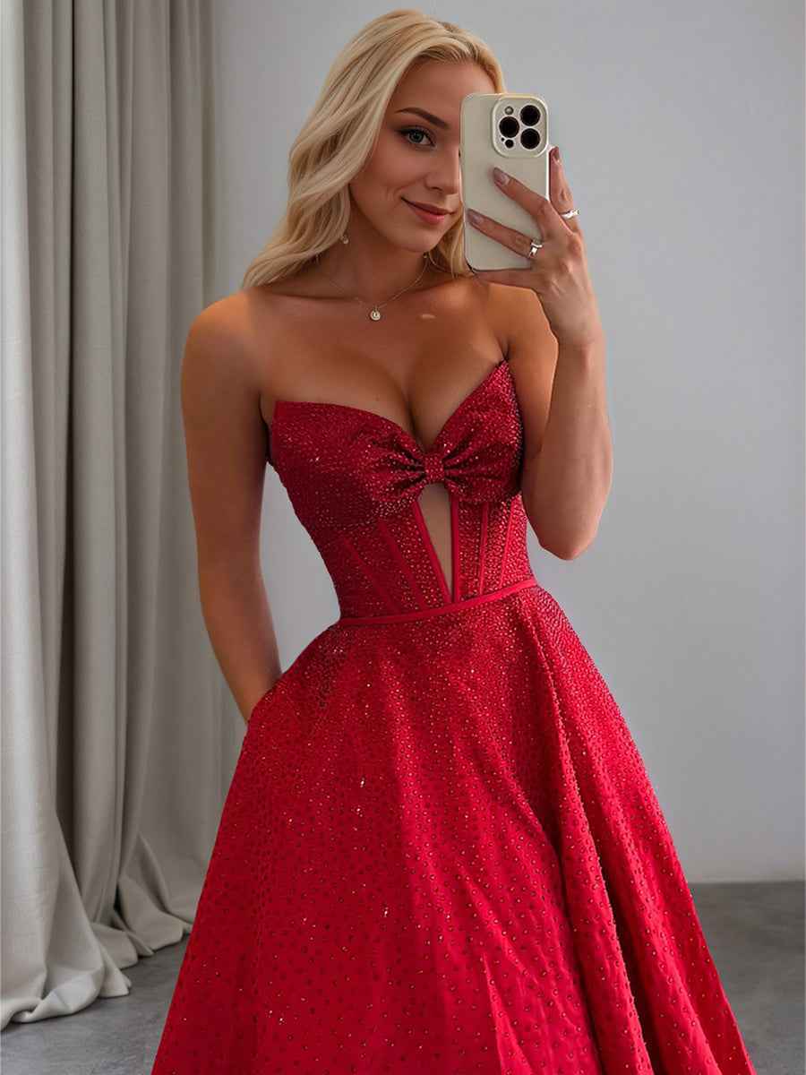 Sparkly Beaded Strapless Sweetheart Long Corset Prom Dress with Bow