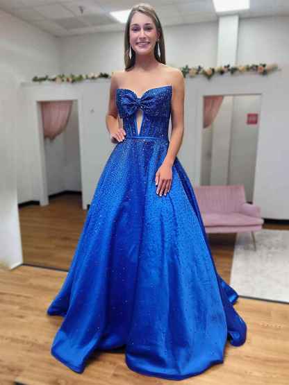 Sparkly Beaded Strapless Sweetheart Long Corset Prom Dress with Bow