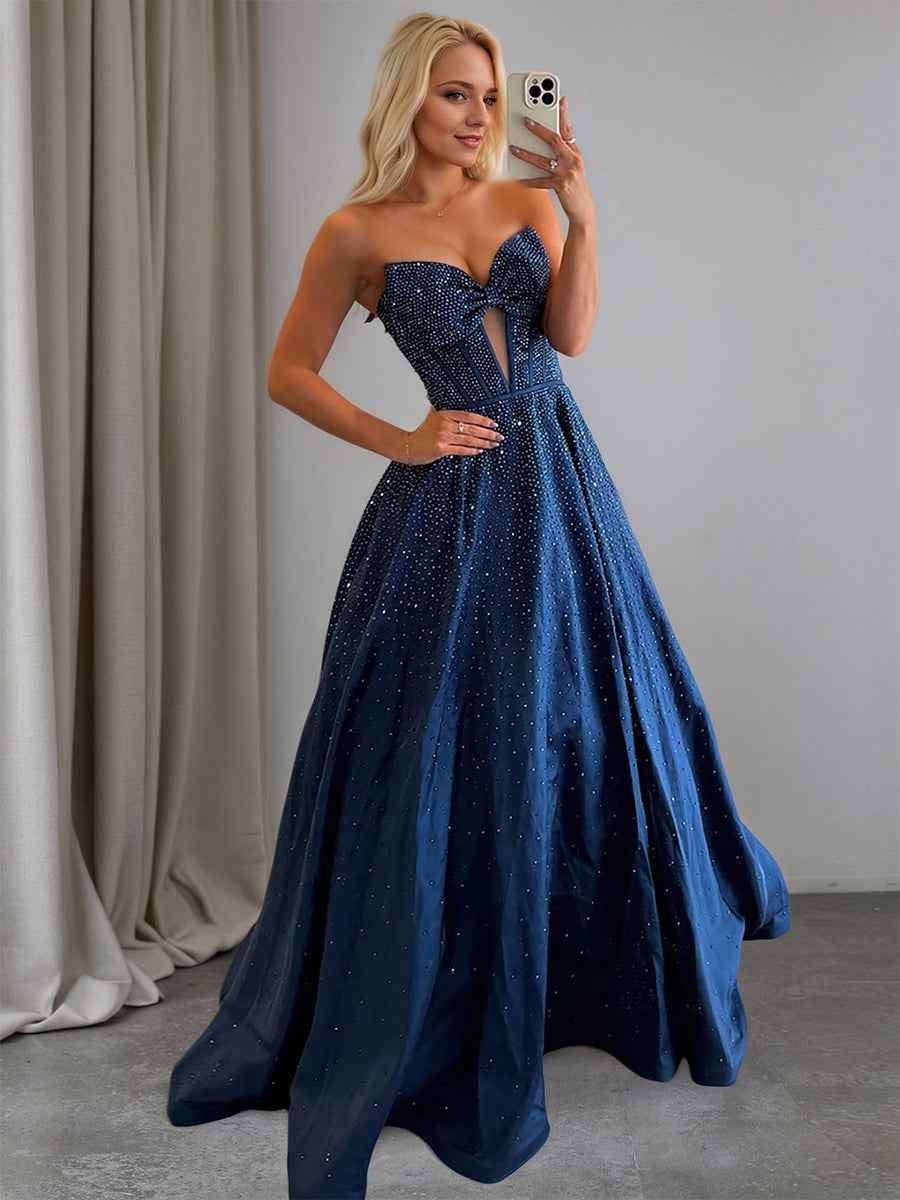 Sparkly Beaded Strapless Sweetheart Long Corset Prom Dress with Bow