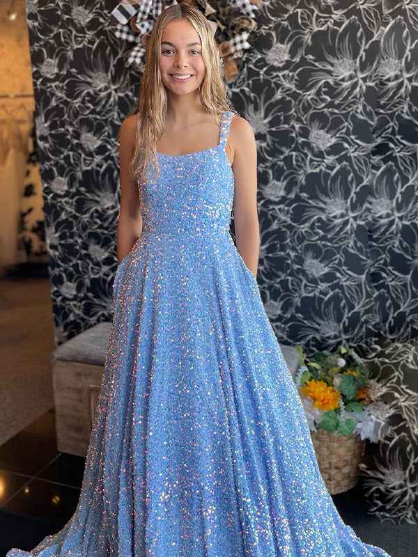 Sparkly Blue A Line Square Neck Spaghetti Straps Long Prom Dress