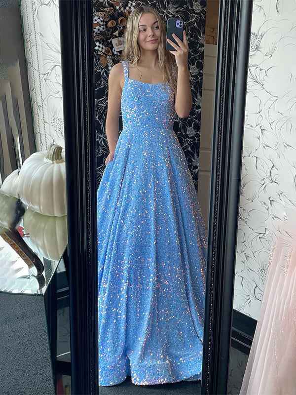 Sparkly Blue A Line Square Neck Spaghetti Straps Long Prom Dress