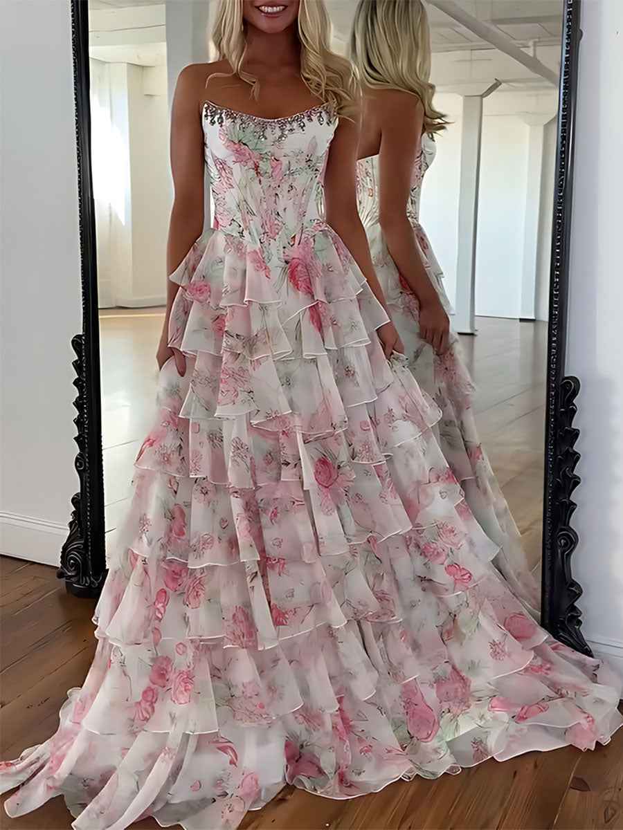 Sparkly Blue Floral Corset Ruffled Long Prom Dress with Slit